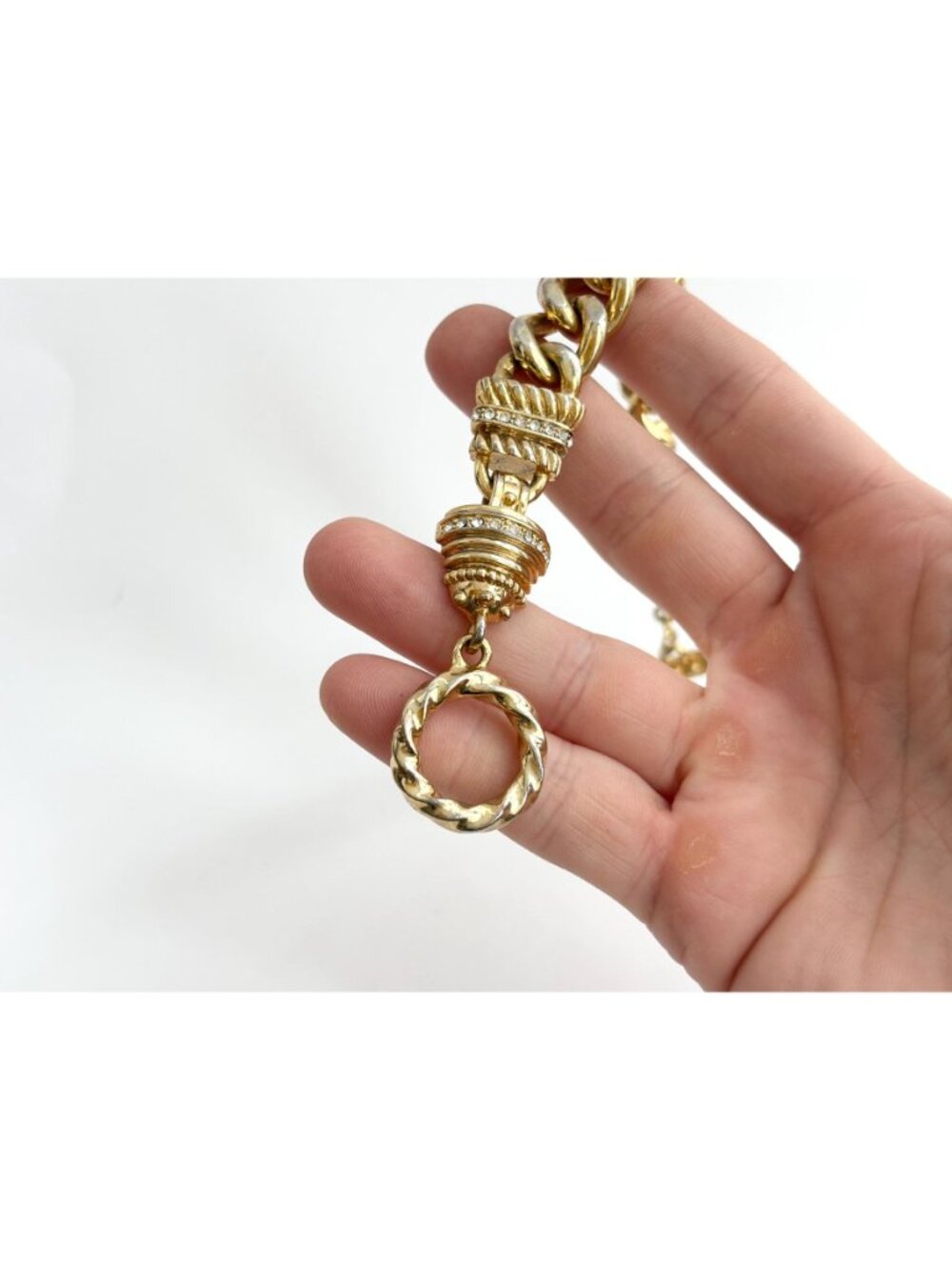 Gold Toned Curb Chain Chunky Rhinestone Accented Vintage 80's Style Bracelet - Picture 15 of 16